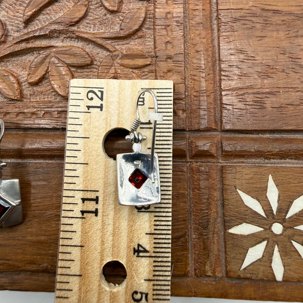 Sterling Silver Garnet Square Earrings Dangle 925 Red Square Classic Designer - Picture 4 of 10